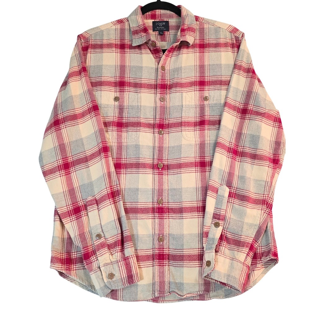 J Crew Flannel Shirt Cream Red‎ Blue Plaid Long Sleeve Button Up Men's M